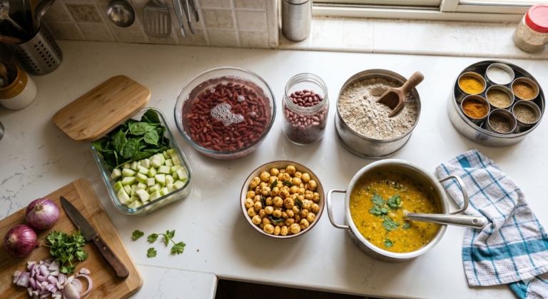 Indian high-protein meal prep with dal, chana and vegetables on a kitchen counter