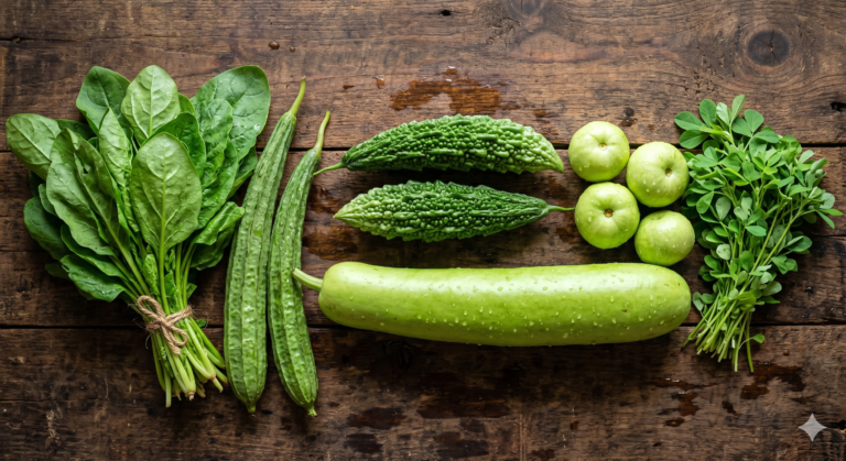 Indian vegetables for weight loss: spinach, lauki, karela, tori and guava on a wooden table