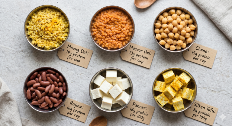 Bowls of Indian vegetarian protein foods: dal, lentils, chickpeas, rajma, paneer and tofu